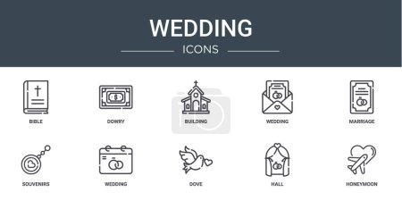 Satz von 10 Umrissen Web-Hochzeit Symbole wie Bibel, Mitgift, Gebäude, Hochzeit, Heirat, Souvenirs, Hochzeit Vektor Symbole für Bericht, Präsentation, Diagramm, Web-Design, mobile App