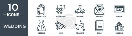 Hochzeitssymbole Set enthält dünne Linien Dekoration, Flitterwochen, Hochzeit, Hochzeit, Mitgift, Taubensymbole für Bericht, Präsentation, Diagramm, Webdesign
