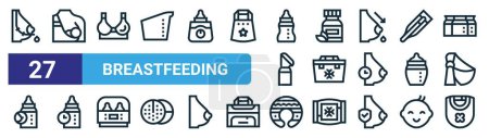 set of 27 outline web breastfeeding icons such as lactation, breastfeeding, bra, vitamins, cooler bag, breastfeeding, nursing pillow, baby bib vector thin line icons for web design, mobile app.