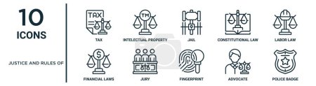 justicia y reglas de esquema conjunto de iconos tales como impuesto de línea delgada, cárcel, derecho laboral, jurado, abogado, placa de la policía, iconos de leyes financieras para el informe, presentación, diagrama, diseño web