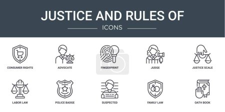 Satz von 10 umreißen Web-Gerechtigkeit und Regeln von Symbolen wie Verbraucherrechte, Anwalt, Fingerabdruck, Richter, Justiz-Skala, Arbeitsrecht, Polizei-Abzeichen-Vektor-Symbole für Bericht, Präsentation, Diagramm, Web
