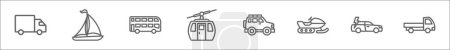 Photo for Outline set of transportation line icons. linear vector icons such as delivery truck, sailboat, double decker, cable car, suv car, snowmobile, electric car, pickup truck - Royalty Free Image