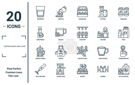 Coffeeshop und Café lineares Symbolset. Enthält dünne Linie Espresso, Aeropress, französische Presse, Milchschäumer, auf den Felsen, Theke, Thermometer-Symbole für Bericht, Präsentation, Diagramm, Webdesign