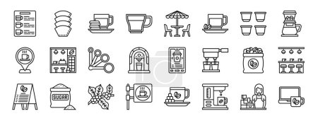 set of 24 outline web coffee shop and cafe icons such as menu, coffee filter, biscuit, latte, patio, coffee, pods vector icons for report, presentation, diagram, web design, mobile app