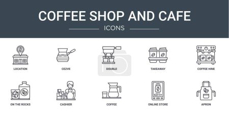 set of 10 outline web coffee shop and cafe icons such as location, cezve, double, takeaway, coffee hine, on the rocks, cashier vector icons for report, presentation, diagram, web design, mobile app