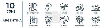 Argentinien umreißt Symbolset wie dünne Linie Fußballausrüstung, Wale, Hund, Mann, Christentum, Jacaranda, Nationalfeiertag Symbole für Bericht, Präsentation, Diagramm, Webdesign