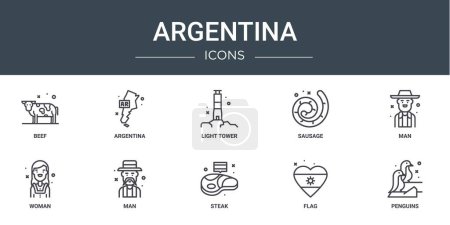 Photo for Set of 10 outline web argentina icons such as beef, argentina, light tower, sausage, man, woman, man vector icons for report, presentation, diagram, web design, mobile app - Royalty Free Image