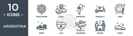 Argentinien umreißt Symbolset enthält dünne Linie Christentum, Steak, Argentinien, Gürteltier, Lebensmittel, süß, Flaggensymbole für Bericht, Präsentation, Diagramm, Web-Design