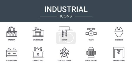 set of 10 outline web industrial icons such as factory, warehouse, screw, valve, engineer, car battery, car battery vector icons for report, presentation, diagram, web design, mobile app