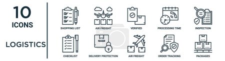 logistics outline icon set such as thin line shopping list, verified, inspection, delivery protection, order tracking, packages, checklist icons for report, presentation, diagram, web design