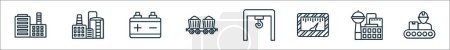 Ilustración de Esquema conjunto de iconos de línea industrial. iconos de vectores lineales como fábrica, tanque de almacenamiento, batería de coche, minería de carbón, grúa pórtico, medidor de presión, industria, trabajador - Imagen libre de derechos