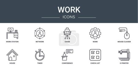 set of 10 outline web work icons such as work station, network, chair, work, mouse clicker, house, timer vector icons for report, presentation, diagram, web design, mobile app