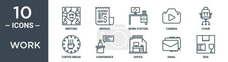 work outline icon set includes thin line meeting, invoice, work station, camera, chair, coffee break, conference icons for report, presentation, diagram, web design