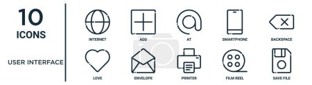 Conjunto de iconos de esquema de interfaz de usuario, como Internet de línea delgada, en, backspace, sobre, carrete de película, guardar archivo, iconos de amor para el informe, presentación, diagrama, diseño web