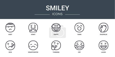 Illustration for Set of 10 outline web smiley icons such as hurt, vomit, happy, yawn, facepalm, sick, disappointed vector icons for report, presentation, diagram, web design, mobile app - Royalty Free Image