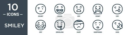 Smiley Outline Icon Set enthält dünne Linien Zweifel, lachen, weinen, erbrechen, weinen, weinen, sabbern Symbole für Bericht, Präsentation, Diagramm, Webdesign