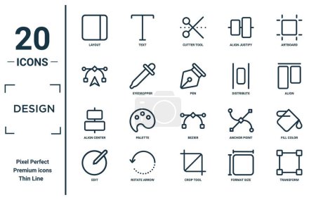 Illustration for Design linear icon set. includes thin line layout, , align center, edit, transform, pen, fill color icons for report, presentation, diagram, web design - Royalty Free Image
