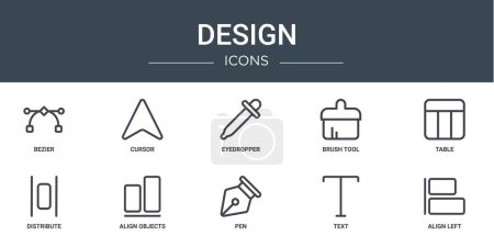 set of 10 outline web design icons such as bezier, cursor, eyedropper, brush tool, table, distribute, align objects vector icons for report, presentation, diagram, web design, mobile app