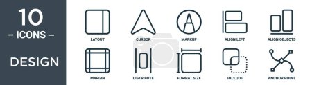 design outline icon set includes thin line layout, cursor, markup, align left, align objects, margin, distribute icons for report, presentation, diagram, web design