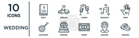 wedding outline icon set such as thin line bible, cheers, hand, wedding, wedding, souvenirs icons for report, presentation, diagram, web design