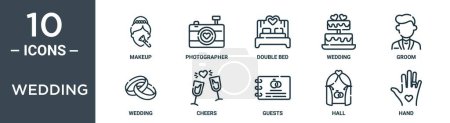 wedding outline icon set includes thin line makeup, photographer, double bed, wedding, groom, wedding, cheers icons for report, presentation, diagram, web design
