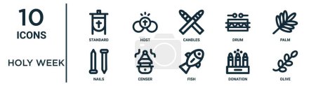 holy week outline icon set such as thin line standard, candles, palm, censer, donation, olive, nails icons for report, presentation, diagram, web design