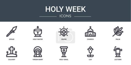 set of 10 outline web holy week icons such as spear, holy water, cross, church, palm, calvary, virgin mary vector icons for report, presentation, diagram, web design, mobile app
