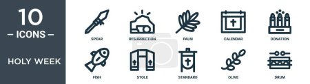 holy week outline icon set includes thin line spear, resurrection, palm, calendar, donation, fish, stole icons for report, presentation, diagram, web design