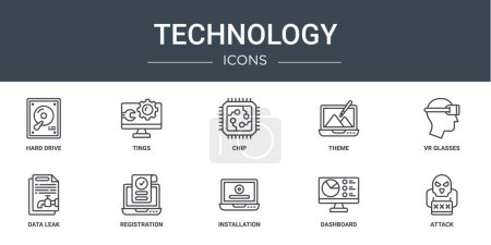 set of 10 outline web technology icons such as hard drive, tings, chip, theme, vr glasses, data leak, registration vector icons for report, presentation, diagram, web design, mobile app