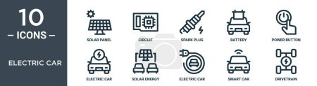 electric car outline icon set includes thin line solar panel, circuit, spark plug, battery, power button, electric car, solar energy icons for report, presentation, diagram, web design