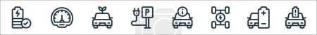 esquema conjunto de iconos de línea de coche eléctrico. iconos de vectores lineales como batería, velocímetro, coche eléctrico, estación de carga, alerta, transmisión, batería, coche eléctrico