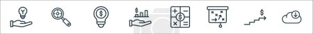 outline set of startup line icons. linear vector icons such as innovative, research, light, graph, calculator, strategy, scale up, download