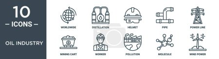 Ölindustrie umreißt Symbolset umfasst dünne Linie weltweit, Destillation, Helm, Rohr, Hochspannungsleitung, Bergbauwagen, Arbeiter Symbole für Bericht, Präsentation, Diagramm, Webdesign