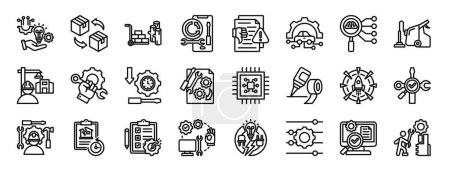 set of 24 outline web maintenance and repair icons such as solution, replacement, raw materials, rebuild, failure, autonomous car, analysis vector icons for report, presentation, diagram, web