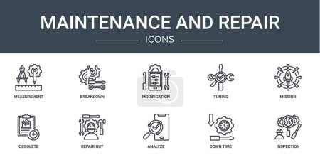 set of 10 outline web maintenance and repair icons such as measurement, breakdown, modification, tuning, mission, obsolete, repair guy vector icons for report, presentation, diagram, web design,