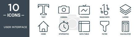 user interface outline icon set includes thin line text, camera, television, music note, layers, home, stopwatch icons for report, presentation, diagram, web design