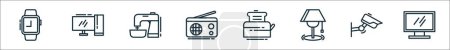 outline set of electronics line icons. linear vector icons such as smartwatch, computer desktop, mixer, radio box, toaster, desklamp, security camera, monitor display