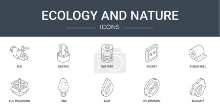 set of 10 outline web ecology and nature icons such as eco, cactus, battery, socket, tissue roll, eco packaging, tree vector icons for report, presentation, diagram, web design, mobile app