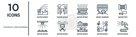 conjunto de iconos de riego automático de césped, como pulverización de agua de línea fina, pulverización de agua, tubería de agua, pulverización, iconos para el informe, presentación, diagrama, diseño web