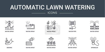Photo for Set of 10 outline web automatic lawn watering icons such as water spray, water spray, water spray, pipe, seeding, vector icons for report, presentation, diagram, web design, mobile app - Royalty Free Image