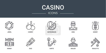 set of 10 outline web casino icons such as jewel, cherry, watermelon, king, money, money, dice vector icons for report, presentation, diagram, web design, mobile app