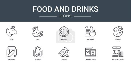 set of 10 outline web food and drinks icons such as cow, oil, walnut, oatmeal, cookie, sausage, squad vector icons for report, presentation, diagram, web design, mobile app
