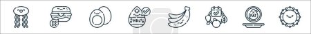 Ilustración de Esquema conjunto de iconos de línea de plan nutricional. iconos de vectores lineales como cardiolipina, sin comida chatarra, huevo hervido, colesterol bueno, plátano, comida saludable, baja en grasa, gotita de lípidos - Imagen libre de derechos