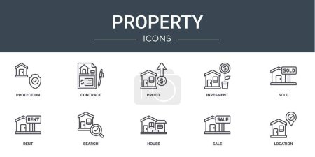 set of 10 outline web property icons such as protection, contract, profit, invesment, sold, rent, search vector icons for report, presentation, diagram, web design, mobile app