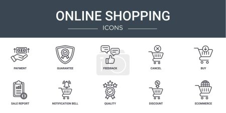 set of 10 outline web online shopping icons such as payment, guarantee, feedback, cancel, buy, sale report, notification bell vector icons for report, presentation, diagram, web design, mobile app