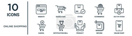boutique en ligne icône ensemble tels que le site Web mince ligne, stock, hors stock, cloche de notification, remboursement, boutique en ligne, annuler les icônes pour rapport, présentation, diagramme, conception web