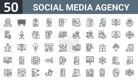 Set von 50 umrissenen Web-Social-Media-Agentur Symbole wie Anzeige, Pixel, Überwachung, tings, Anhänger, Cookies, Anzeigenvektor dünne Symbole für Bericht, Präsentation, Diagramm, Webdesign, mobile App.