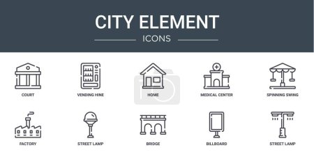 set of 10 outline web city element icons such as court, vending hine, home, medical center, spinning swing, factory, street lamp vector icons for report, presentation, diagram, web design, mobile