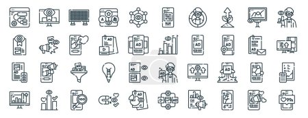 set of 40 outline web social media agency icons such as monitoring, monitoring, content, demographic, ad, personal development, tings icons for report, presentation, diagram, web design, mobile app