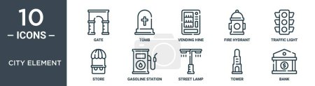 conjunto de iconos de contorno de elemento de ciudad incluye puerta de línea delgada, tumba, hine expendedora, boca de incendios, semáforo, tienda, iconos de la estación de gasolina para el informe, presentación, diagrama, diseño web